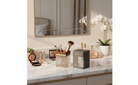 Acrylic Makeup Brush Holder Multi-Functional Square Vanity Brush Cup Elegant Design Walnut Wood Cosmetic Organizer for Office Desk, Washroom Counter