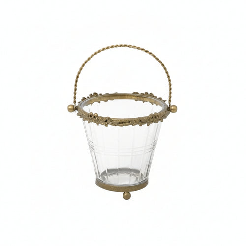 Glass Basket with Metal Frame Brass Toned Glass Container with Handle Decorative