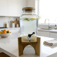 Glass Jar Water Dispenser with Wood Stand, Rectangular Juice Dispenser with Wooden Top, Drink Dispenser for Iced Tea and Home Party Supplies