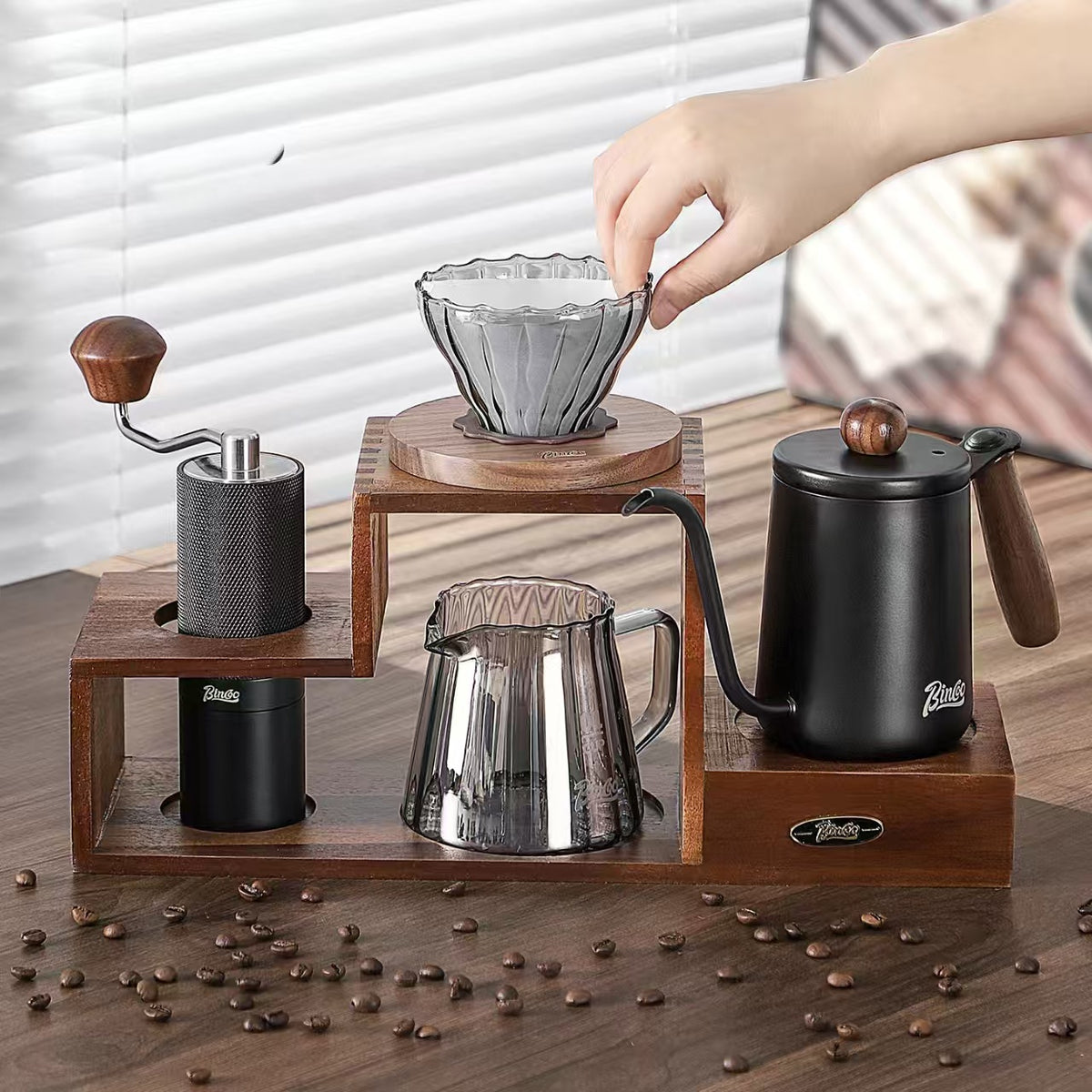 Walnut Wood Storage Rack for Coffee Pour-Over Set and Hand Grinder