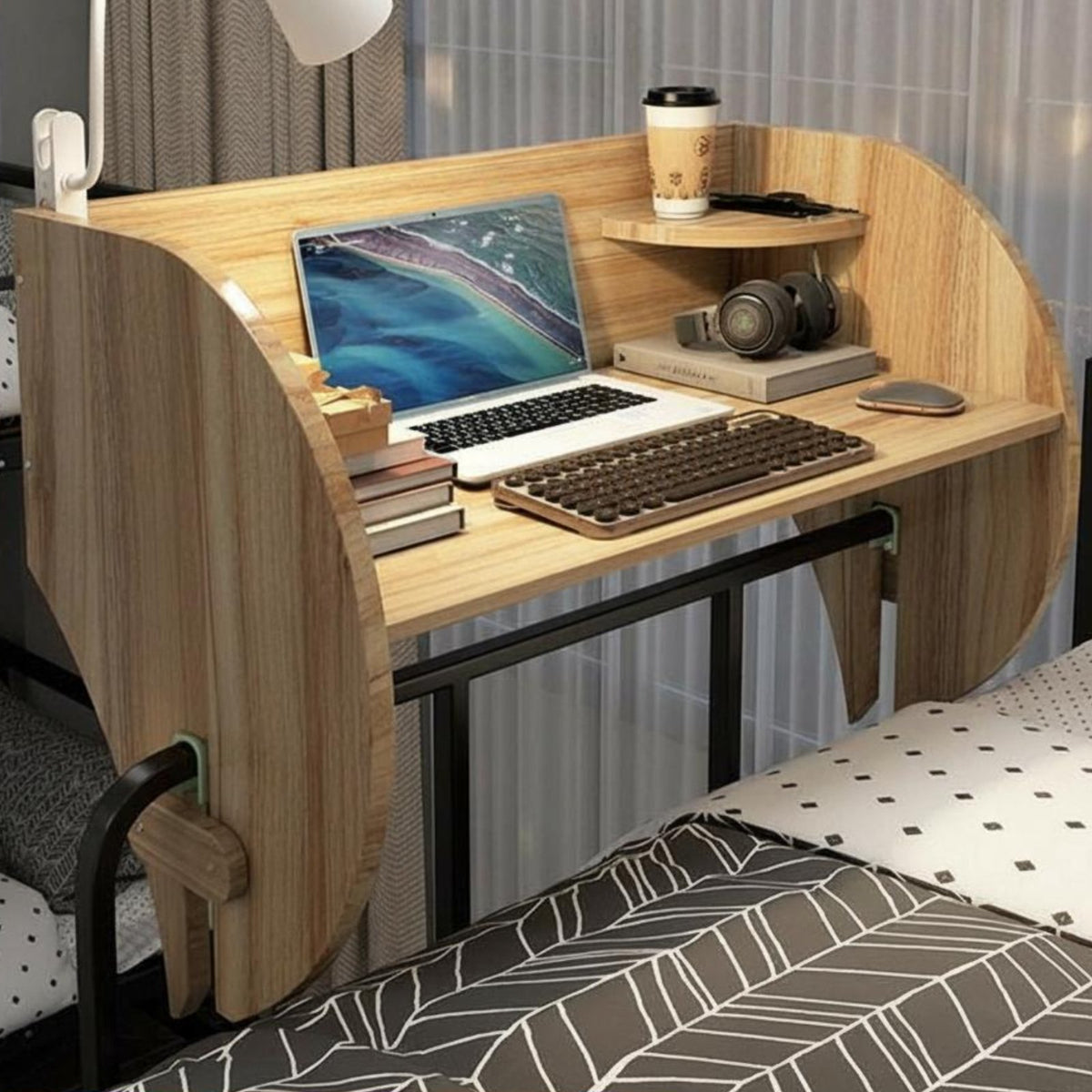 Clighting fixture-on Bedside Desk with Storage Shelves Bed Rail Clighting fixture Shelf Multifunctional