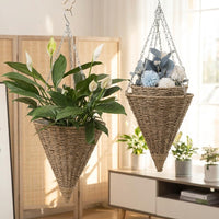 Hanging Basket Set of 3 for Plant Pot Display, Woven Basket with Chain for Hanging Plant, Cone Shape Wall Planter, Rustic Garden Decoration