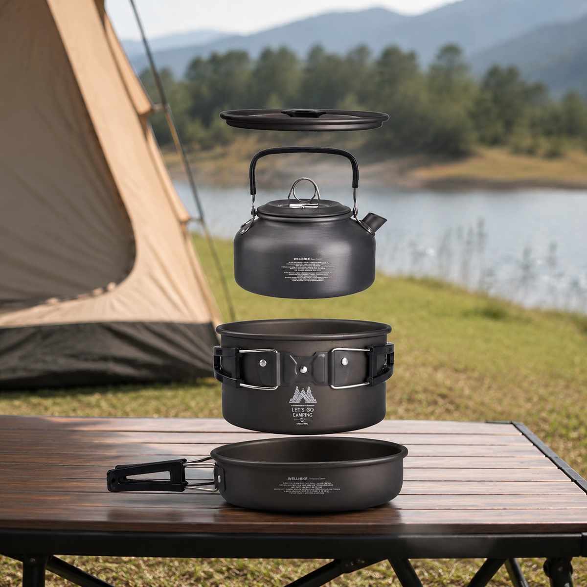 Camp Cooker Frying Pan Set 3-Piece Hard Anodized Matte Dark Gray Outdoor Cooking Utensils