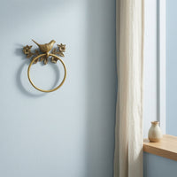 Towel Holder with Bird and Floral Motif Nature-Influenced Towel Loop with Floral Design Gold Hardware for Guest Washroom