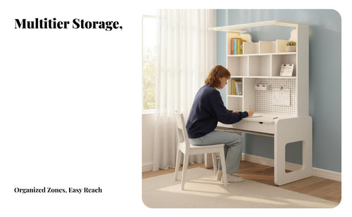 Integrated shelving unit Writing Desk with Hutch Space-Saving Desk with Hutch Multi-Functional Storage Study Table Wide desk surface for Students, Teenagers, Children, Bedroom, Dormitory