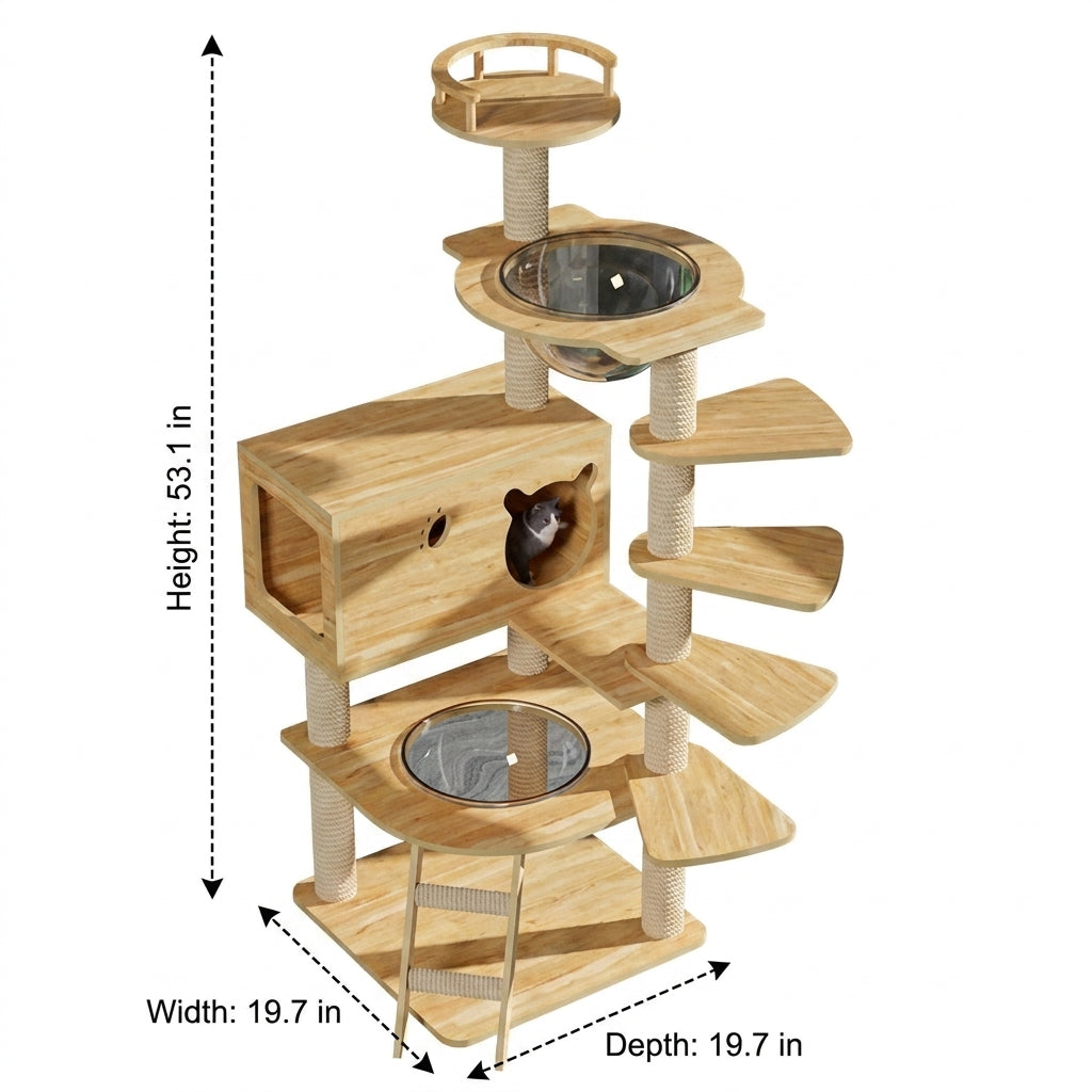 5-Tier Wood Cat House with Scratching Posts and Feeding Bowls, Oak Board Activity Centre Featuring a Comfortable Perch and Bed for Indoor Cats
