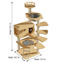 Cat House with Scratching Posts and Feeding Bowls, Solid Wood Pillar Activity Centre, Oak Board Cat Bed and Perch for Large Indoor Cats 5-Tier