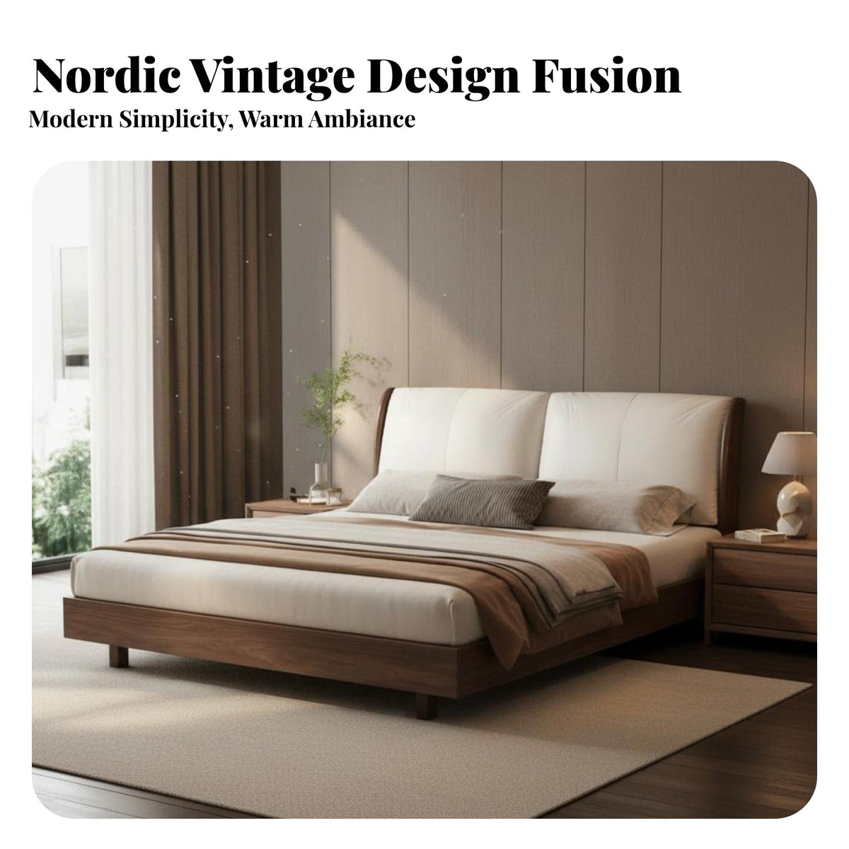 Leather Headboard Bed Mortise and Tenon Joinery Solid Wood Bed Frame Heavy Duty Support