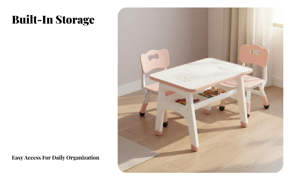 Multi-Functional Kids Table and Chair Set Child-Friendly Design Toddler Play Table Set Easy to Clean Toddler Study Desk with Storage Food-Grade Material for Toddlers, Preschoolers, Parents, Playroom, Daycare, Nursery, Classroom
