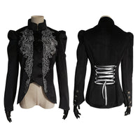 Punk Gothic Women's Long Coat Jacket with Black Embroidered Flowers and Court Lantern Sleeves