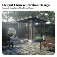 New Chinese Design Hardtop Gazebo Antique Inspired Design Flat-Roofed Slatted Shelter Sun Protection Garden Pavilion Weather-Resistant for Landscape Architects, Property Developers, Backyard, Scenic Areas, Hotel Grounds, Poolside