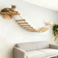 Cat Climbing Structure with Rope Bridge, Solid Wood Wall Mounted Frame and Ladder, Indoor Shelves for Large Cats, Elevated Climbing Bridge Area