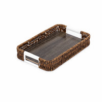 Wood Serving Tray with Handles Flat-Base Woven Rattan Style Tray for Breakfast