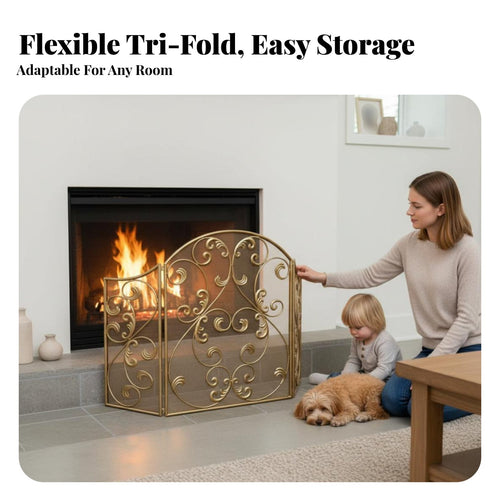 3-Panel Fireplace Guard Ornate Scrollwork Design 3-Panel Folding Screen Freestanding Ember Shield Guard for Householders