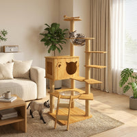 Cat Climbing Frame Activity Center with Round Base, Wood Grain Density Board Playground and Perch, Indoor Paradise for Large Cats with Hammock