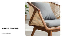 Nordic design Rattan Frame Seat sturdy Wood Legs Rattan rear Armchair mid-centurymid-century-modern Modern Design Sofa Comfortable Padded paddings for Homeowners, Interior Decorators, Adults, Lounge Area, perusing niche, Sunroom, Entryway