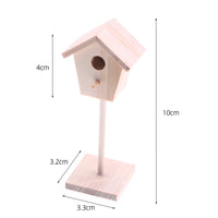 Mini Wooden Birdhouse Ornament Wood Finish Miniature Birdhouse on a Post Pitched Roof Wooden House Ornament with Base for Dollhouse, Courtyard