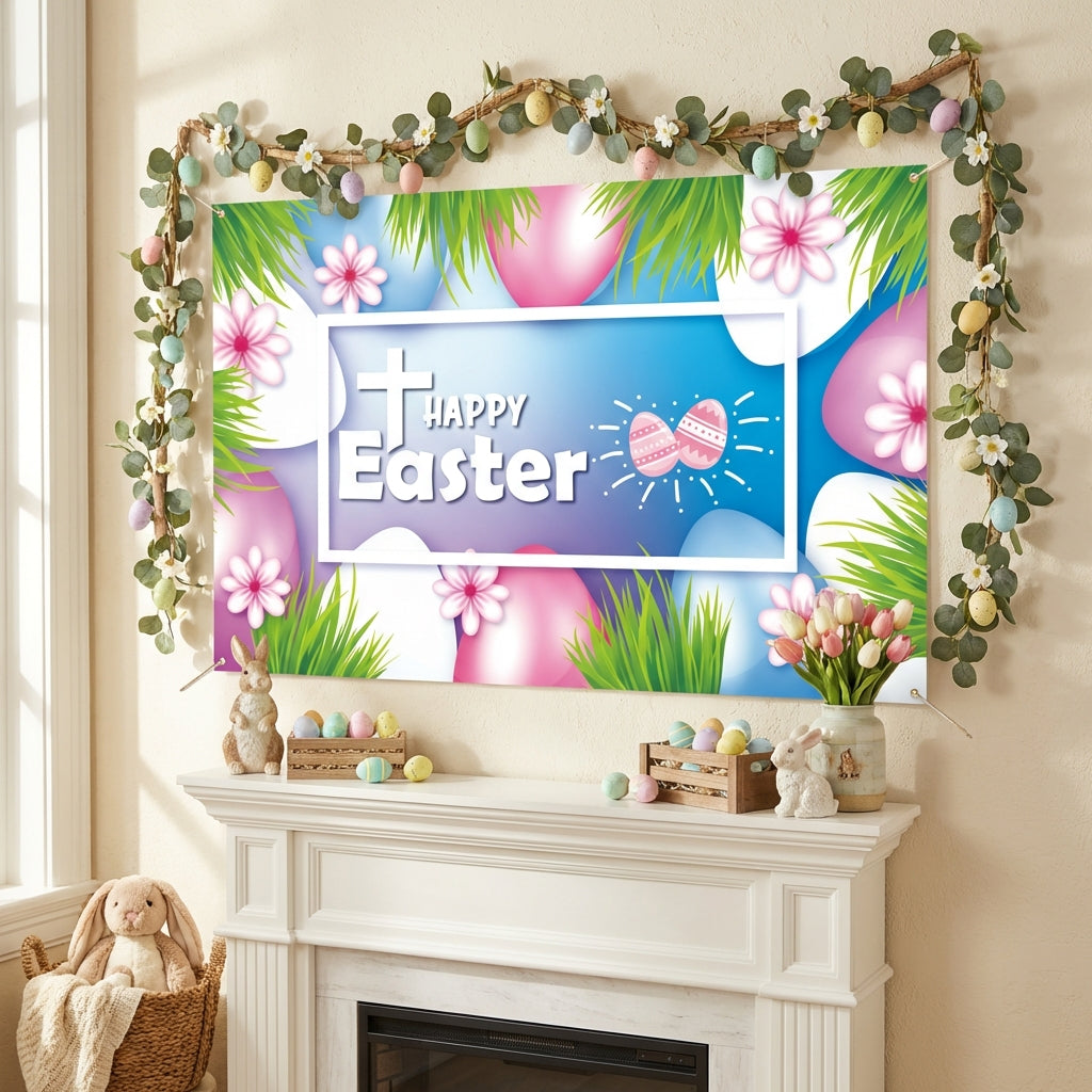 Spring Easter Backdrop Happy Easter Decorations Banner Egg Background Spring Party Decorations for Outside Home Photo Props