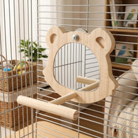 Bird Mirror Toy with Mirror Perch Stand, Animal Shaped Cage Mirror and Wooden Bird Stand, Interactive Perch Wooden for Budgie and Cockatiel Toys