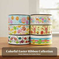 Easter Grosgrain Ribbon Festive Designs Bunny and Egg Print Ribbon Bright Colors for DIY Enthusiasts, Kids, Gift Wrapping, Hair Bow Making