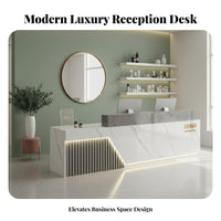 1 Piece Reception Desk Modern Front Desk Commercial Counter Double-layer Countertop Engineered Wood with LED Lighting and Storage Suitable for Salons Barbershops Shops Lobbies