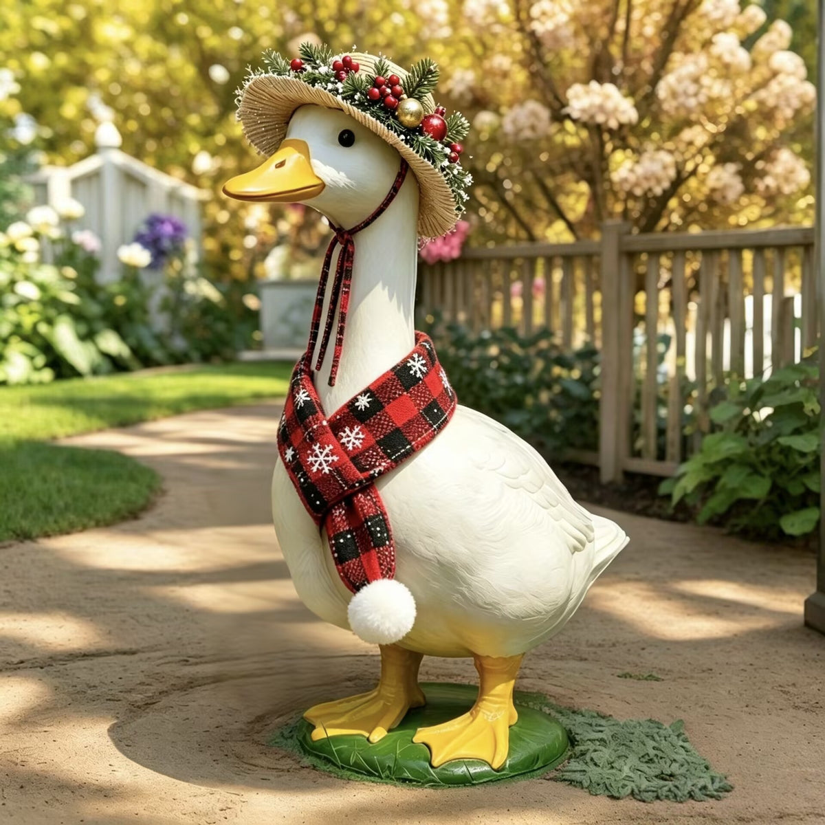Rustic Porch Goose Decoration with Straw Hat and Daisy Outfit