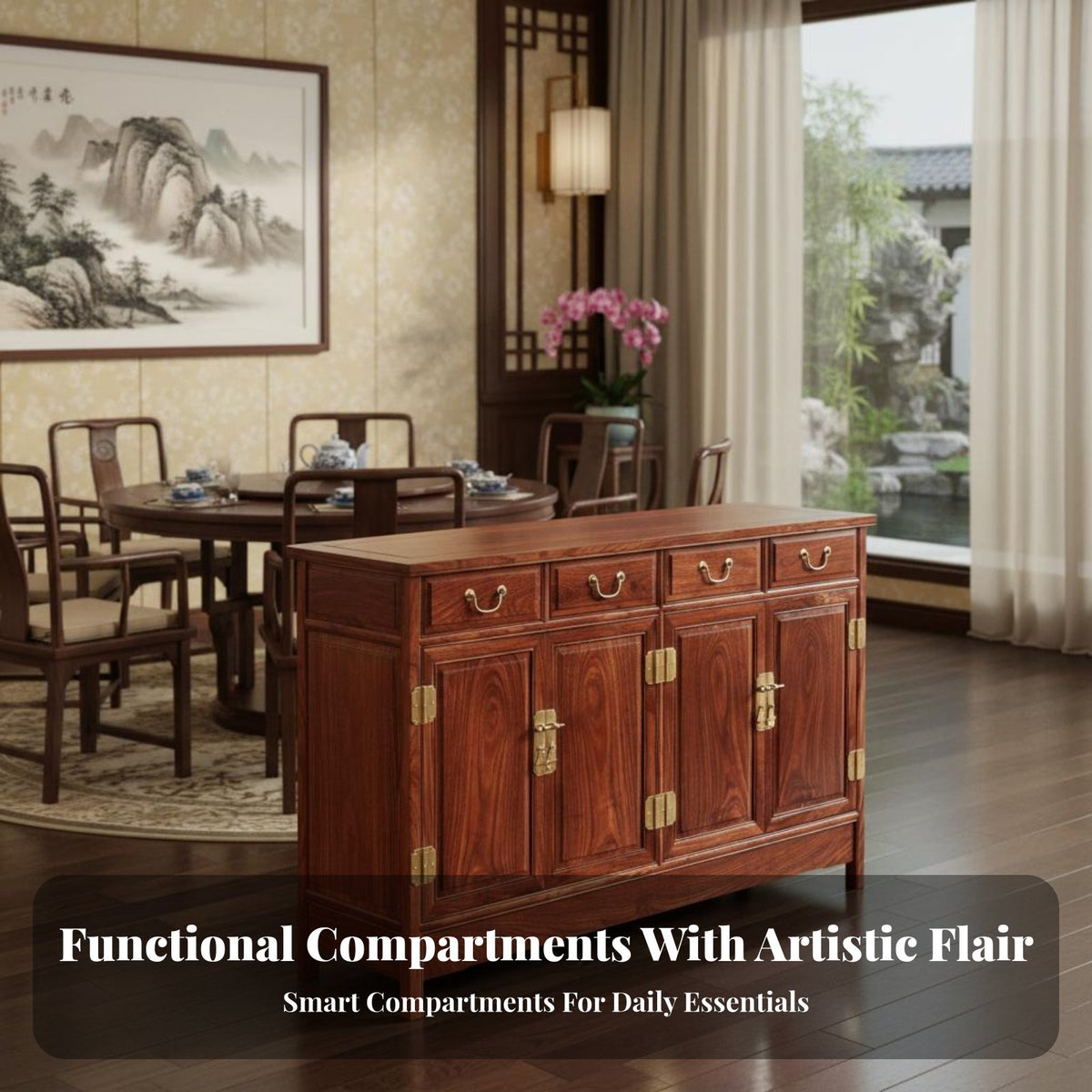 Chinese Design Sideboard Ample Storage Rich Hardwood Dining Room Cabinet Hand-Finished Solid Wood Buffet Cabinet for Families, Restaurant, Entryway