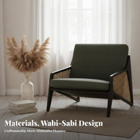 Woven Rear Armchair Wabi-Sabi Aesthetic Lounging Armchair Japanese Inspired Design Robust Wood Frame for Bedroom, Balcony