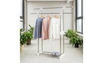 Freestanding Double Rod Clothes Rack Adjustable Garment Rack with Shelf Space-Saving Furniture Rolling for Laundry Room, Bedroom, Balcony, Apartment