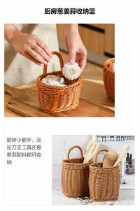 日式藤编厨房姜蒜收纳筐厨具挂篮室内小物收纳壁挂篮手提小花篮