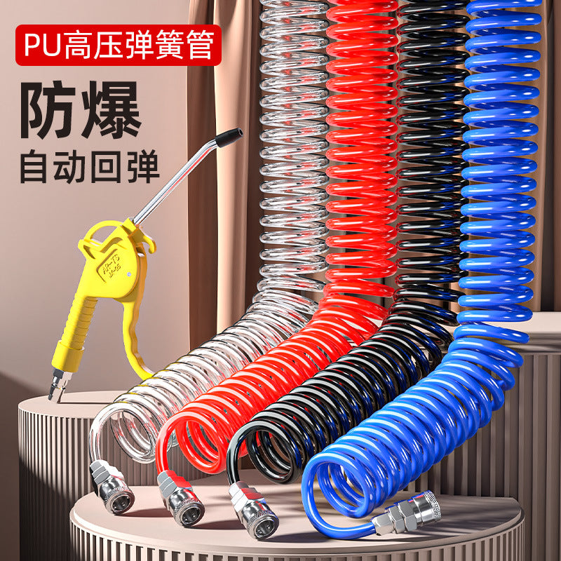 PU Spring Air Hose 12m 12x8mm Blue with Fittings and Gun
