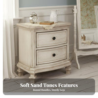 pale Distressed Bedside Cabinet French Country design Distressed pale Nightstand Decorative Knobs Carved features for Homeowners