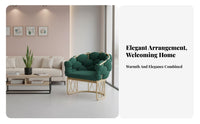 Light Luxury Design Upholstered Two-Seater Nordic Aesthetic Puffy-Tufted Armchair Golden Metal Frame Commercial Seating Soft Upholstery for Interior Designers, Business Owners, Beauty Salon, Boutique, Coffee Shop, Living Room