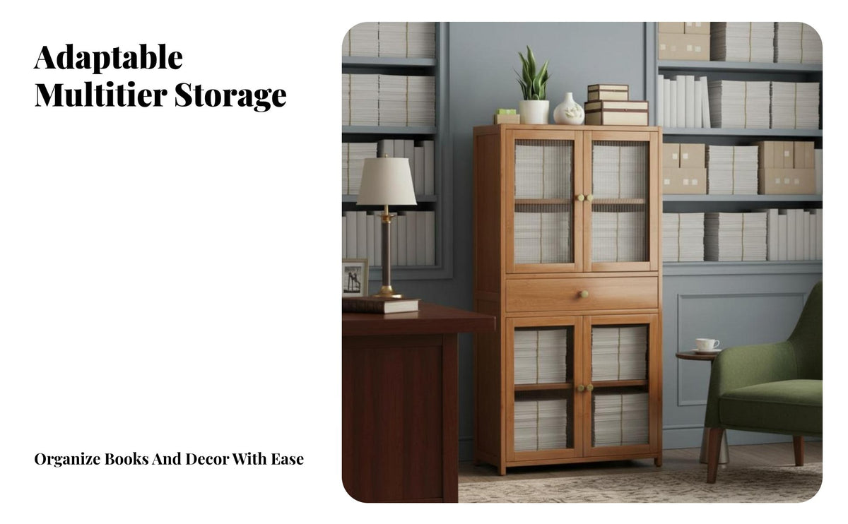 Modern Design Multi-Level Bookcase with Fluted Glass Doors Dust-Proof Tall Cabinet with Transparent Doors Large Capacity Storage Furniture Vertical Space Saving for Book Lovers, Apartment Dwellers, Study Room, Home Office, Dormitory, Bedroom