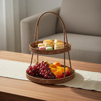 2 Tier Woven Tray Multi Layer Rattan Fruit Basket Decorative for Afternoon Tea