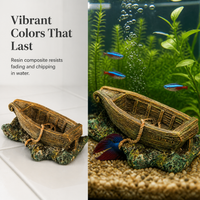 Mediterranean Style Resin Lighthouse Fish Tank Ornament with Small Wooden Boat and Reef Decor