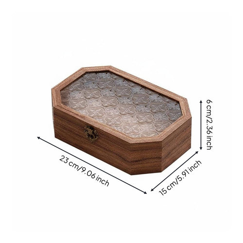 Glass Top Wooden Box Dustproof Octagonal Wood Display Case Lidded with Clasp
