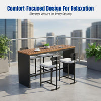 2 Pieces Weatherproof Aluminum Outdoor Bar Stool and High Table Set with Timeless Aluminum and Teak Structure Comfortable Seating Functional Style Suitable for Home Patios Outdoor Bars Gardens