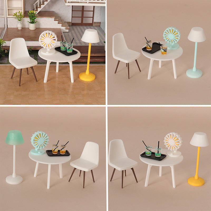Dollhouse Miniature Furniture Set Table Chair Fan Tray Drink Mini Floor Lamp Model Photography Prop
