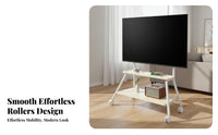 Rolling TV Mount Cart Universal Fit Mobile TV Stand Full-rotation Wheels Casters Portable Television Trolley with Stainless Steel and Wood-grain Shelves for Suitable for Conference Room Small Areas Home Decoration Office Use