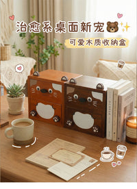 小猫实木桌面收纳盒抽屉式杂物整理盒可爱卡通创意化妆品抽屉收纳