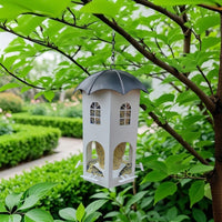 Hanging Bird Feeder, Ornamental Metal Structure, Decorative Garden Decor, Medium Size Outdoor Feeder with 4 Ports, Pearl and Navy Colors