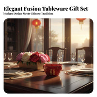 Chinese Red Double Happiness Ceramic Bowls & Plates Set, Wedding, Housewarming, Festive Tableware