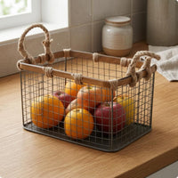 Wire-Grid Basket Rope Handles Rectangular Storage Basket Stackable Organizer Bin