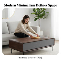 Black Walnut Finish Rectangular Coffee Table with Drawer Modern design Living Room Furniture Nordic Aesthetic Hidden Storage for Apartment Dwellers, Homeowners, Interior Designers, Lounge Area