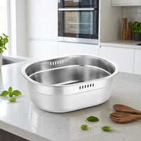Rice Washer and Strainer Bowl Set, Stainless Steel Deepened Washing Basin with Flat Bottom, Oval Mixing Bowl for Pasta Spaghetti, 2 Pack Units
