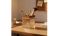 Acrylic Makeup Brush Holder Multi-Functional Square Vanity Brush Cup Elegant Design Walnut Wood Cosmetic Organizer for Office Desk, Washroom Counter