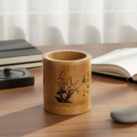 Bamboo Pen Holder Carving Round Bamboo Organizer Versatile Chinese Design Stationery Holder for Calligraphers, Artists
