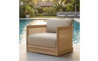 Natural Wood-Toned Wooden Armchair with Rattan Sides Woven Outdoor Sofa Chair Thick Lounge Sofa with Cushions Comfortable for Courtyard