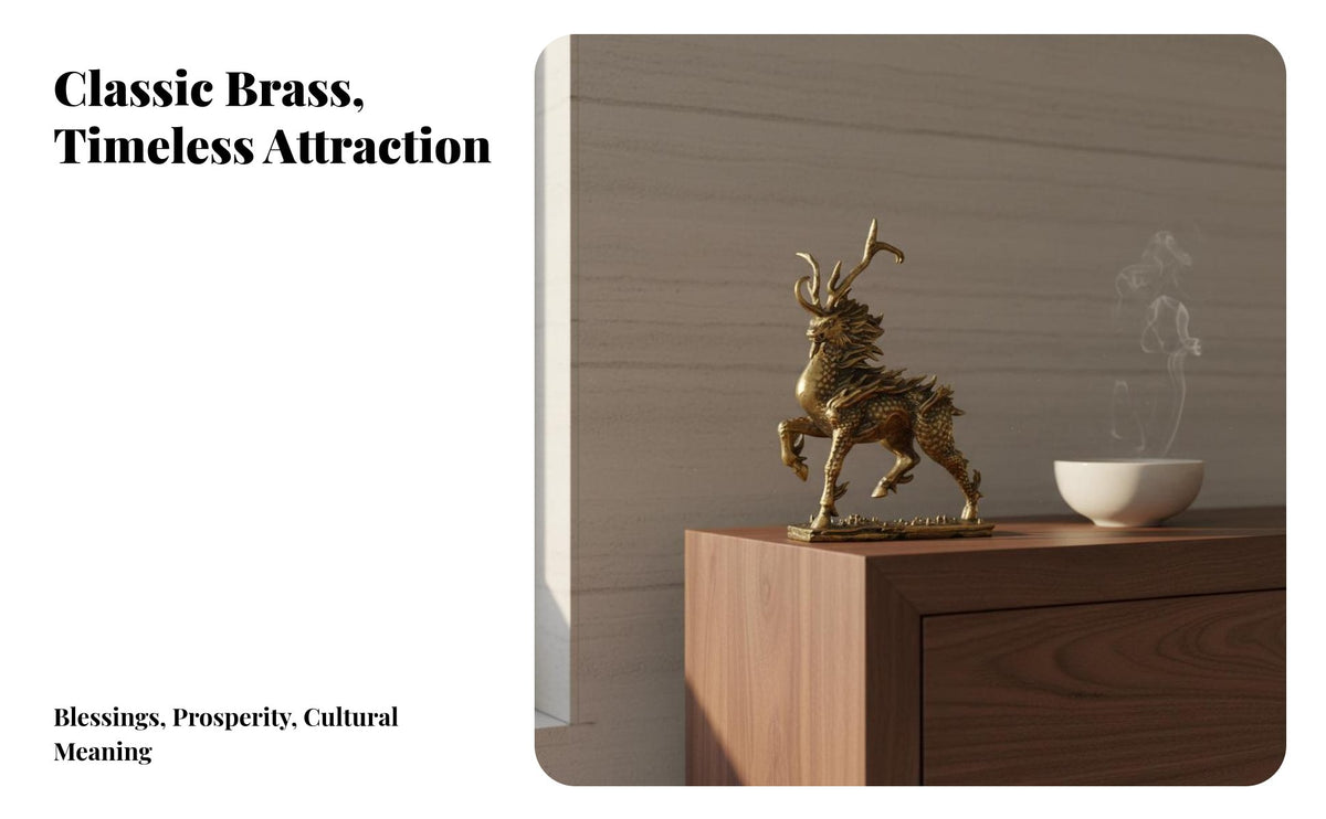 Brass Qilin Figurine Antiqued Finish Antique Qilin Decorative Piece Chinese Scaled Monster Deer Sculpture Good Fortune Symbol